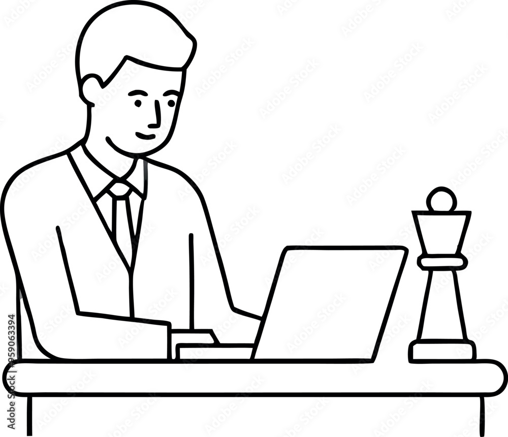 Businessman Working on Laptop with Chess Pawn Symbolizing Strategy and Leadership Businessman Working on Laptop with Chess Pawn Symbolizing Strategy and Leadership