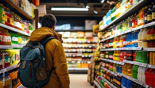 一个人站在超市的货架前，周围满是饮料和食品，氛围宁静而温馨。