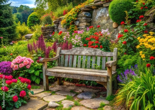 Weathered wooden garden bench surrounded by lush greenery, vibrant flowers, and rustic stones, evoking a sense of serenity and tranquility in a natural outdoor setting.