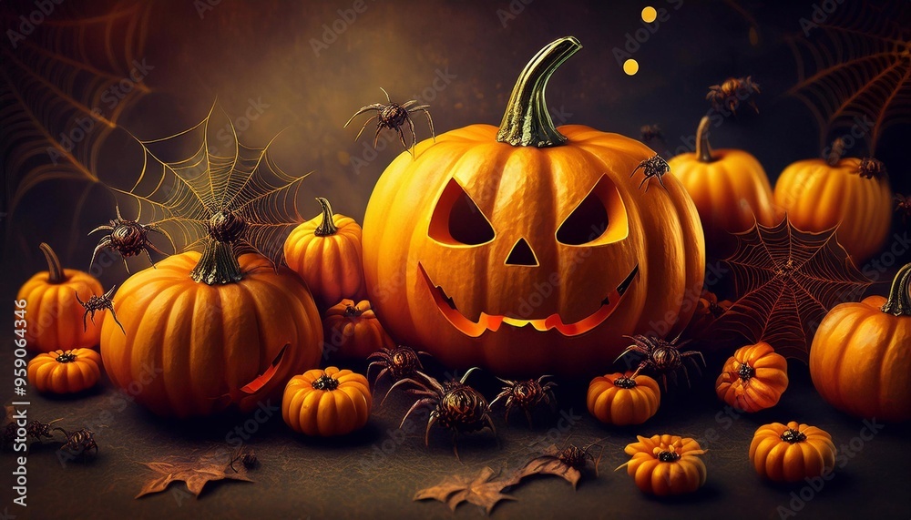 Fototapeta premium mini pumpkins, spiders and cobwebs on dark gloomy background, halloween banner and sign concept