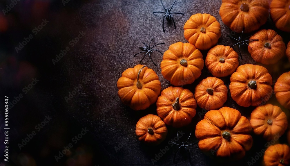 mini pumpkins, spiders and cobwebs on dark gloomy background with space for text, top view, halloween banner and sign concept