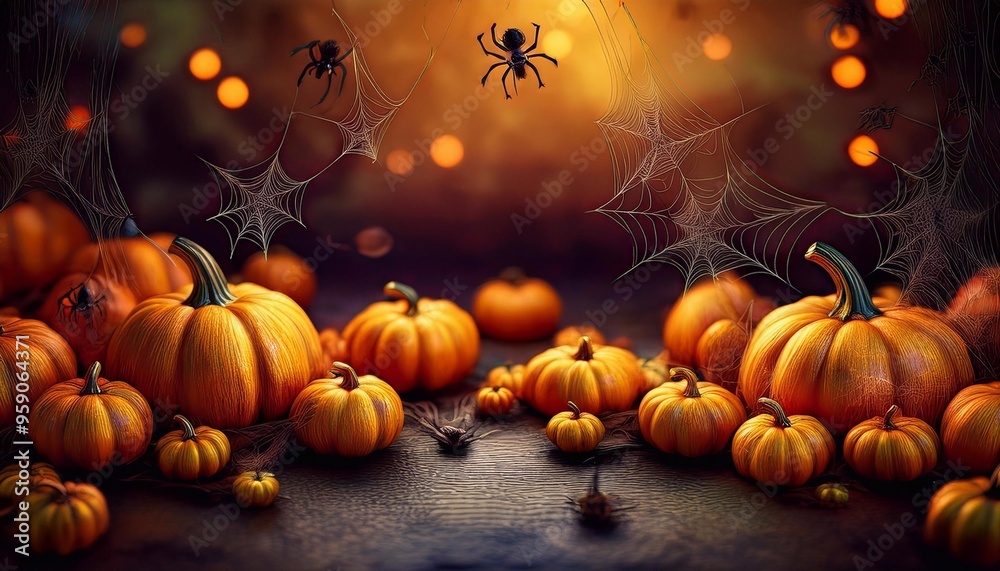 mini pumpkins, spiders and cobwebs on dark gloomy background, halloween banner and sign concept mini pumpkins, spiders and cobwebs on dark gloomy background, halloween banner and sign concept