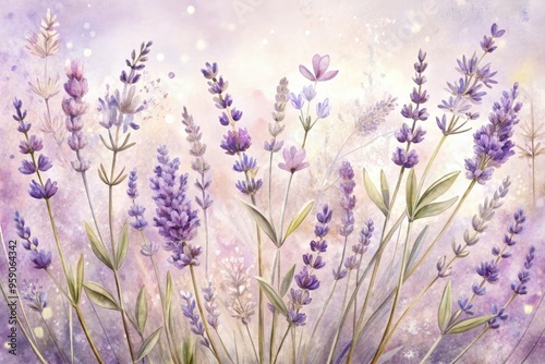 Whimsical, hand-drawn illustrations of lavender flowers and sprigs in soft, dreamy hues, adorned with delicate lines and subtle textures, evoking a sense of serenity.