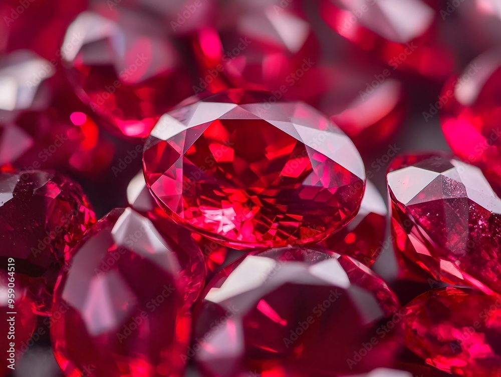Close-up of a group of sparkling red gemstones.