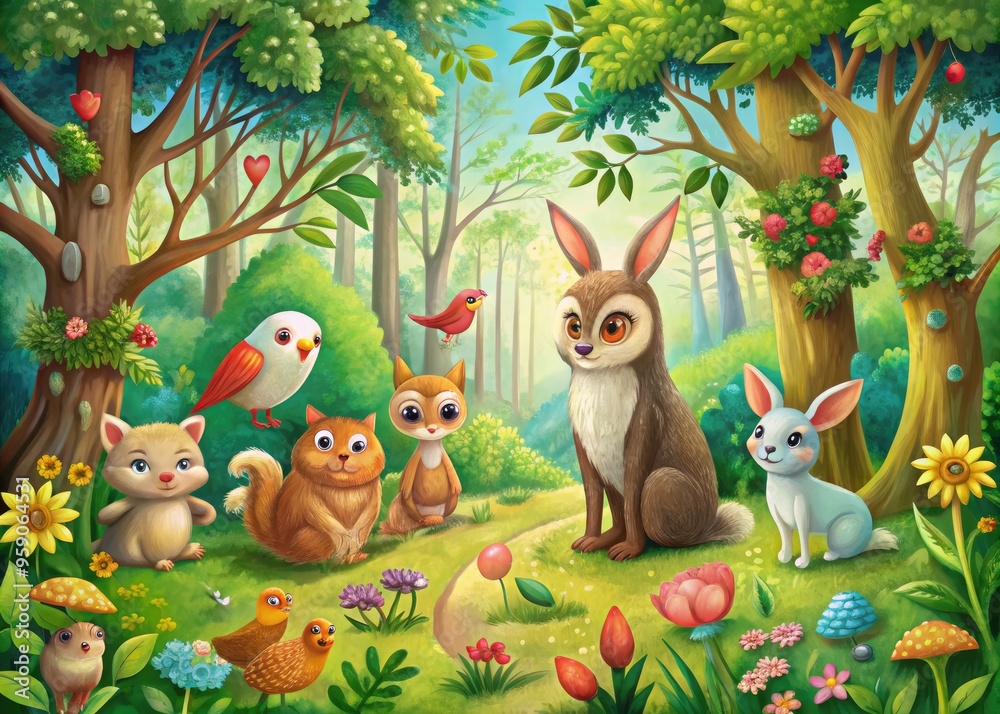 Whimsical illustration of a serene forest inhabited by happy animals, including owls, squirrels, and rabbits, amidst lush green trees and vibrant foliage, evoking innocence and wonder. Whimsical illustration of a serene forest inhabited by happy animals, including owls, squirrels, and rabbits, amidst lush green trees and vibrant foliage, evoking innocence and wonder.