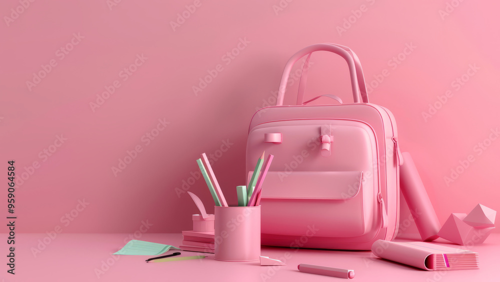 Red backpack filled with school supplies on a matching red background Red backpack filled with school supplies on a matching red background