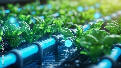 Close-up of a hydroponic system with lush green plants growing in blue water. photo