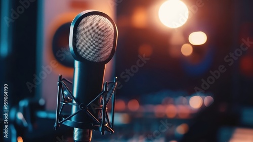 A close-up of a professional studio microphone, soft lighting on the mic and background, recording studio equipment in the background, warm toneS