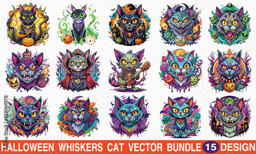 Halloween Whisker Cat T-shirt Design, digital creepy, vector illustration art, pumpkins, white background, EPS 10.