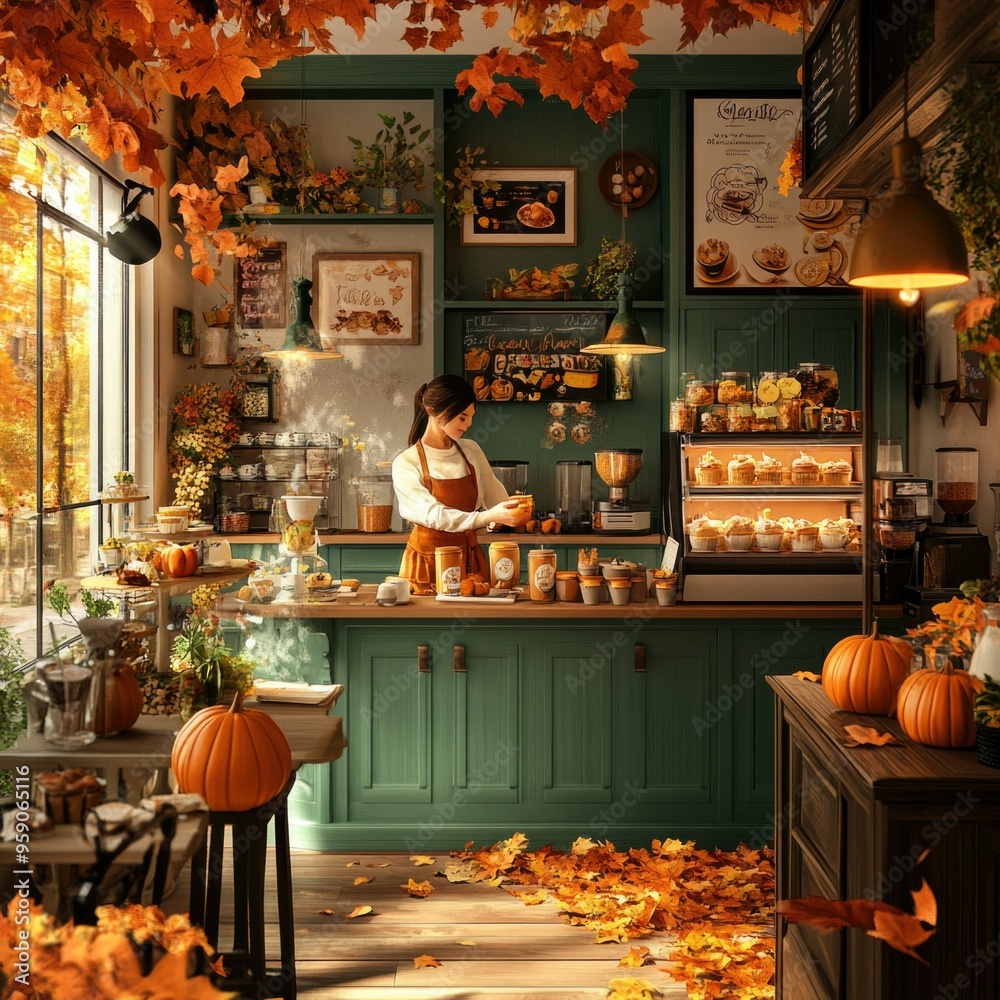 Pumpkin Spice Café with Cozy Autumn Vibes, Barista Serving Pumpkin Spice Lattes and Warm Lights Pumpkin Spice Café with Cozy Autumn Vibes, Barista Serving Pumpkin Spice Lattes and Warm Lights
