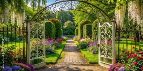 Whimsical white iron gates adorned with vines and flowers swing open to reveal a lush green garden path lined with blooming flowers and tall trees. photo