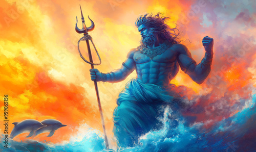 Varuna Mythical Hindu God with Dolphins in an Awe-Inspiring Ocean Scene Mythological Artwork.  Digital Illustration.  photo