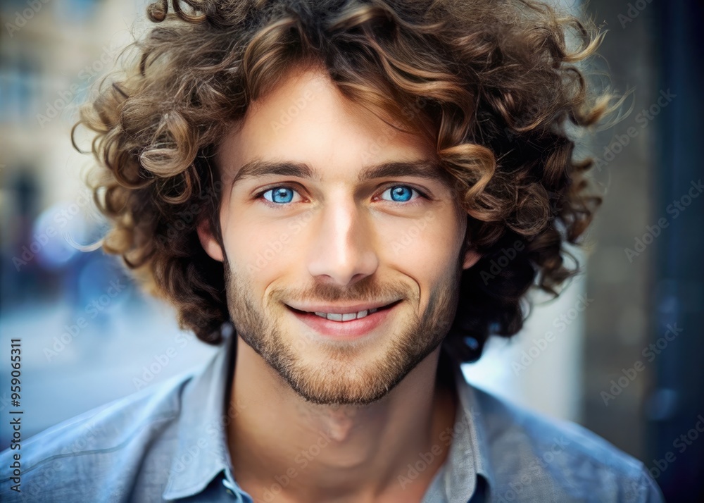 Young man with luscious, curly locks and bright smile, gazing directly at the camera with piercing blue eyes, exuding confidence and effortless charm. Young man with luscious, curly locks and bright smile, gazing directly at the camera with piercing blue eyes, exuding confidence and effortless charm.