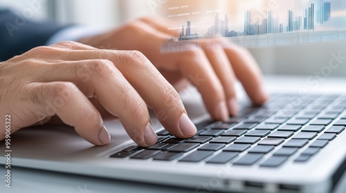 A person typing on a laptop with graphs and charts in the background, AI