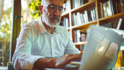 Focused man working on a laptop in a library with bookshelves behind him