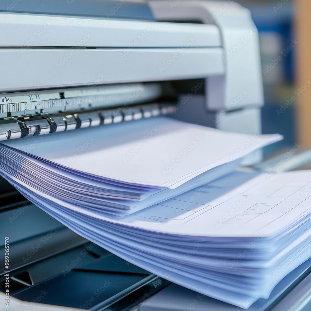 Close-up of a printer printing a stack of white paper. The printer is in focus, while the paper is blurred. Close-up of a printer printing a stack of white paper. The printer is in focus, while the paper is blurred.