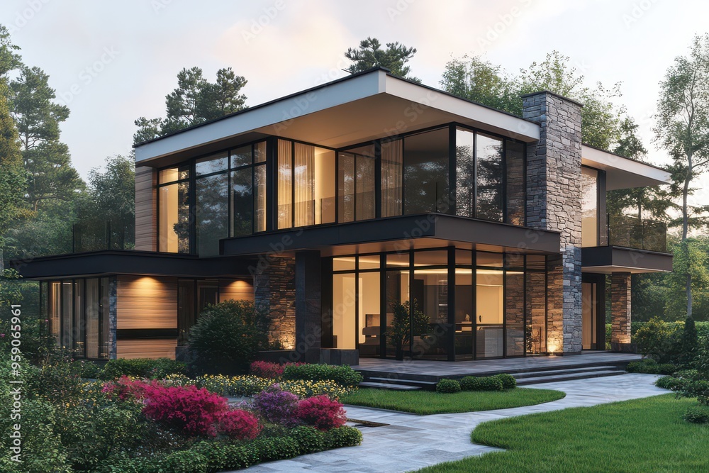 Fototapeta premium Modern Two-Story House with Wood and Stone Exterior