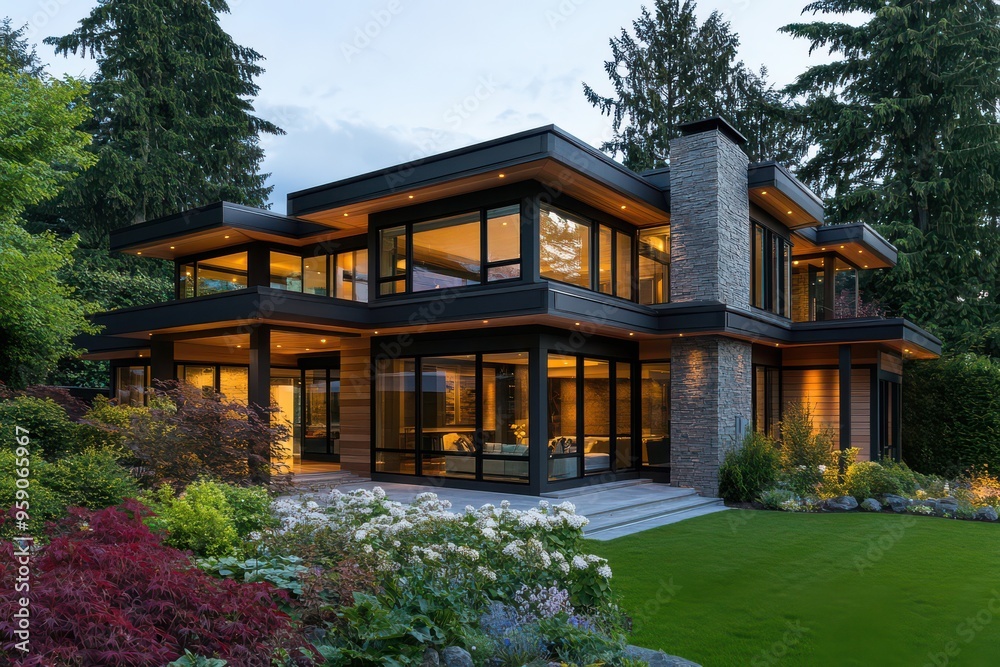 Modern Two-Story House with Wood and Stone Exterior Modern Two-Story House with Wood and Stone Exterior