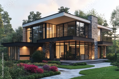 Modern Two-Story House with Wood and Stone Exterior
