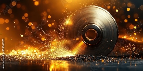 Metalworking, sparks flying from grinding wheel, industrial machinery, steel disc blade cutting metal, warm tones of orange and yellow sparks, dark background with blurred bokeh lights photo