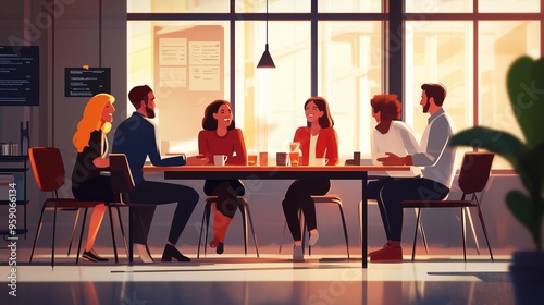 A diverse group of friends enjoying a lively conversation in a modern café during a sunny afternoon