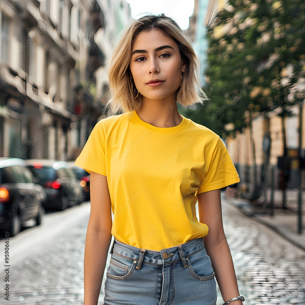 A confident young Caucasian woman with short blonde hair stands confidently in a vibrant yellow T-shirt, capturing urban street style. A confident young Caucasian woman with short blonde hair stands confidently in a vibrant yellow T-shirt, capturing urban street style.