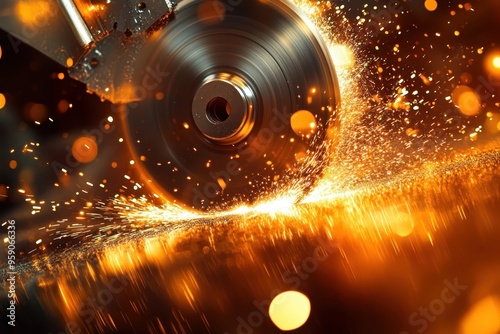 Metalworking, sparks flying from grinding wheel, industrial machinery, steel disc blade cutting metal, warm tones of orange and yellow sparks, dark background with blurred bokeh lights photo