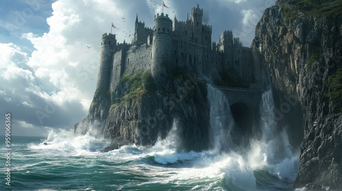 A stone castle built on a cliff overlooking a crashing
