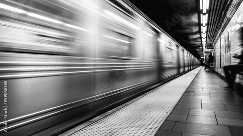 Blurred motion of a subway train arriving at a station in black and white.