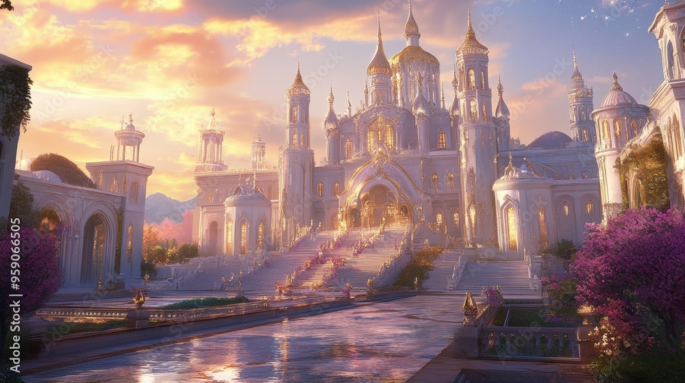 Obraz premium A large, ornate castle at sunset with a moat.