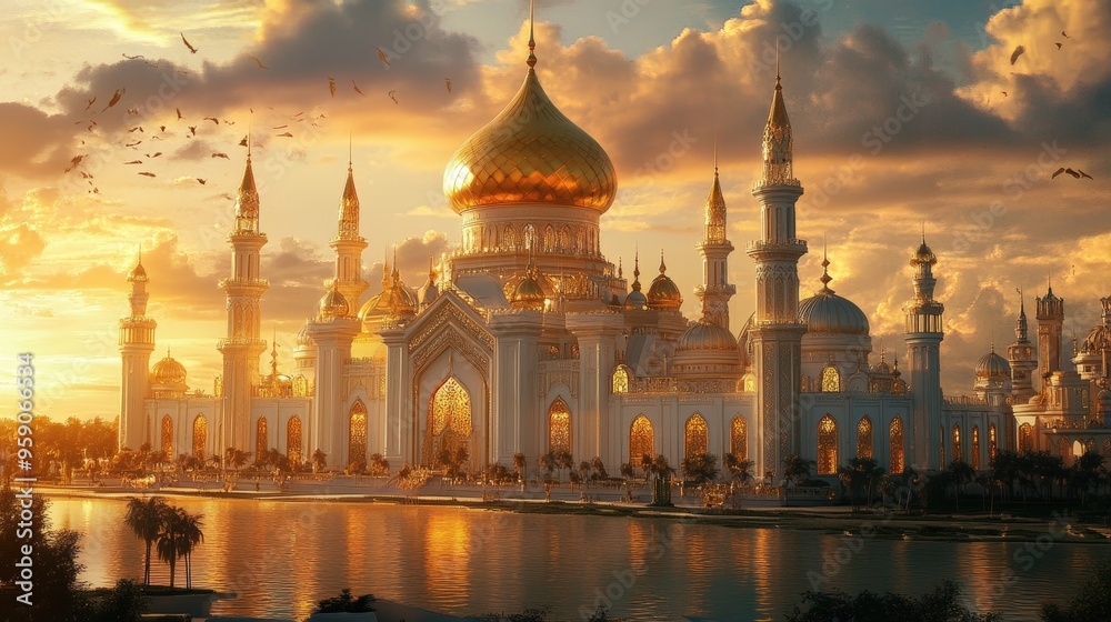 Obraz premium Golden mosque by a lake at sunset.