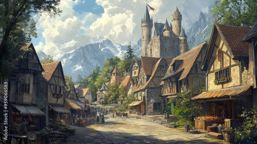 Medieval village street with a castle in the background. Medieval village street with a castle in the background.