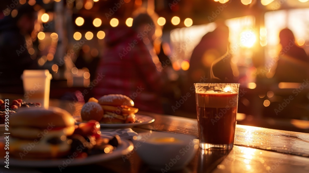 Close-up of a table with food and drinks at a bustling outdoor evening event. Close-up of a table with food and drinks at a bustling outdoor evening event.