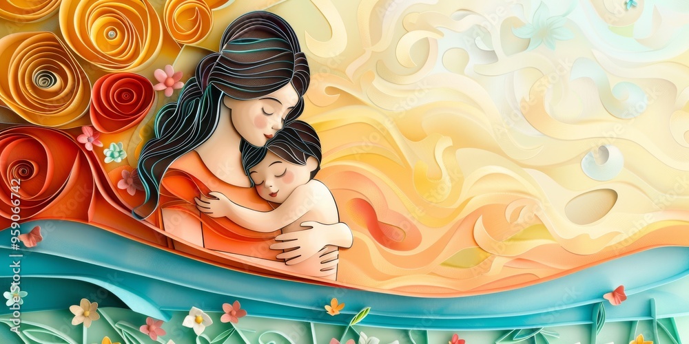 Naklejka premium Abstract quilling art of European mother and son, perfect for Mother's Day, Children's Day, spring background, banner