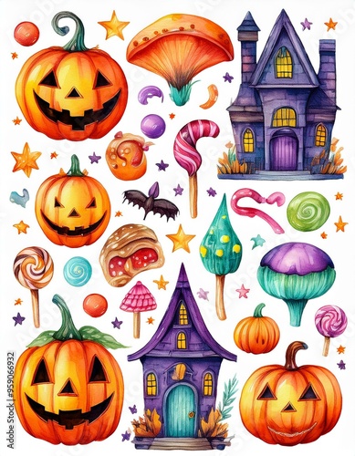 Watercolor set of halloween elements. Bright hand-drawn elements, pumpkins, houses, mushrooms, bones, skulls, stars, candies.