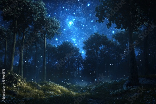 Starry night sky over dark forest.
