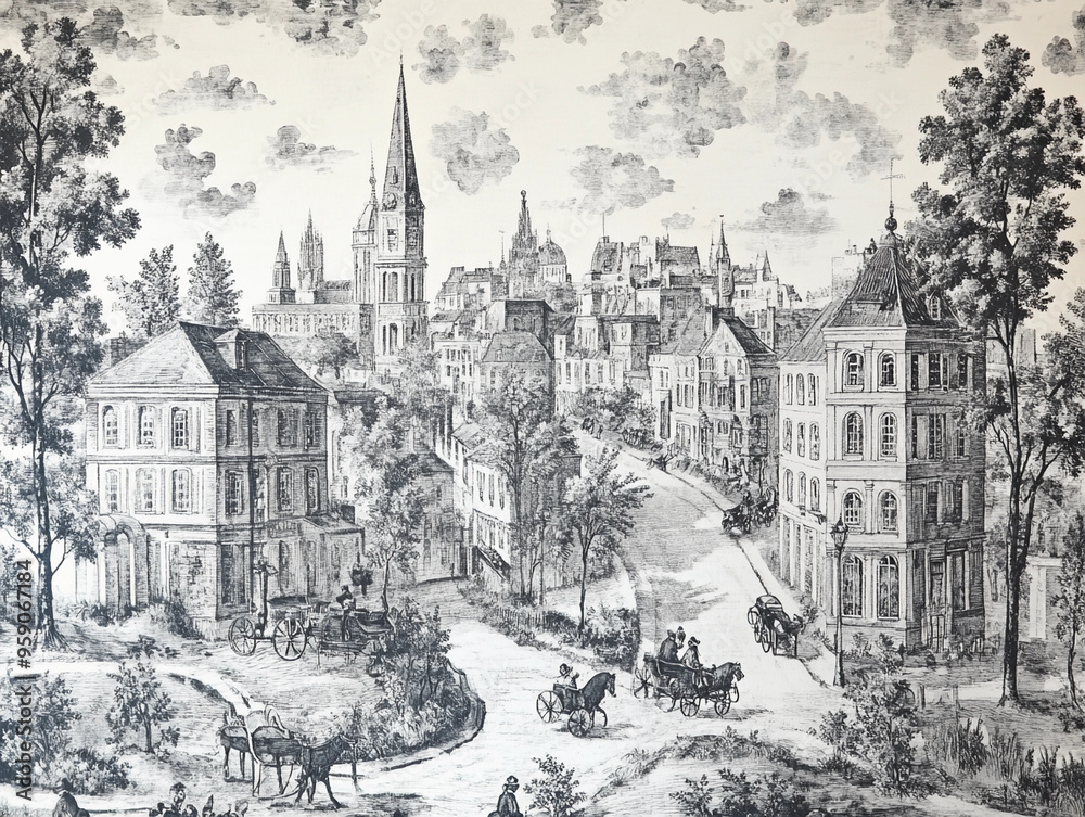 Historic cityscape: A Toile design featuring a bustling 18th-century European city, with narrow cobblestone streets, horse-drawn carriages, and towering church spires