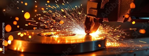 Metalworking, sparks flying from grinding wheel, industrial machinery, steel disc blade cutting metal, warm tones of orange and yellow sparks, dark background with blurred bokeh lights photo