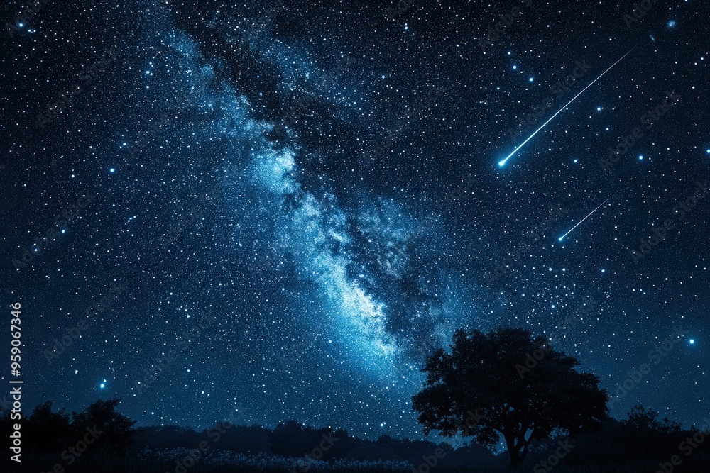 Fototapeta premium Starry night sky with shooting stars and a silhouette of