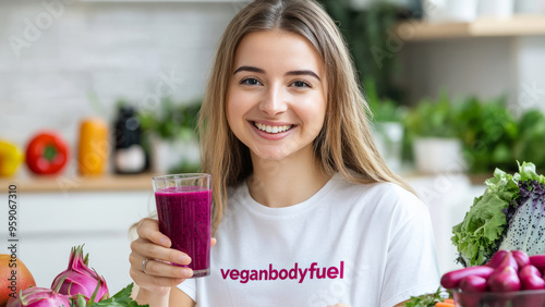 Smiling young woman holding a glass of smoothie surrounded by fresh vegetables