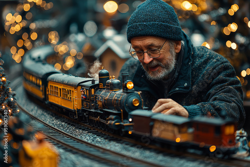 A person playing with a toy train set, fully engrossed in the activity. Concept of revisiting childhood passions and simple joys. photo