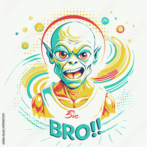 A lively cartoon alien character with green skin, big expressive eyes, and a broad grin, wearing a white tank top with "BRO!!" text. The background is dynamic, filled with swirling vibrant patterns