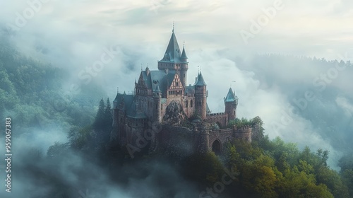 A majestic castle shrouded in mist.