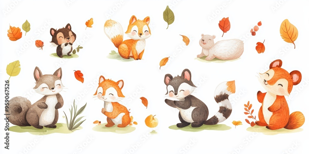 Obraz premium Watercolor illustration of cute woodland animals.