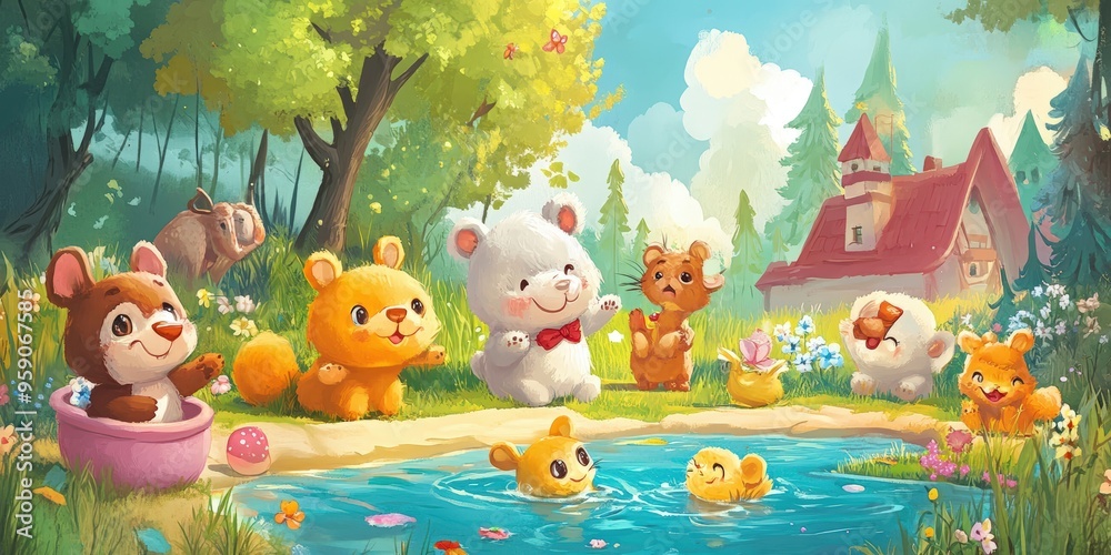 Obraz premium Cute animals play by a pond near a house.