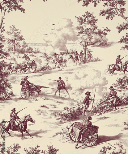 Historical battle scene: A Toile pattern depicting a Revolutionary War battlefield, with soldiers in uniform, horses in motion, and cannons firing