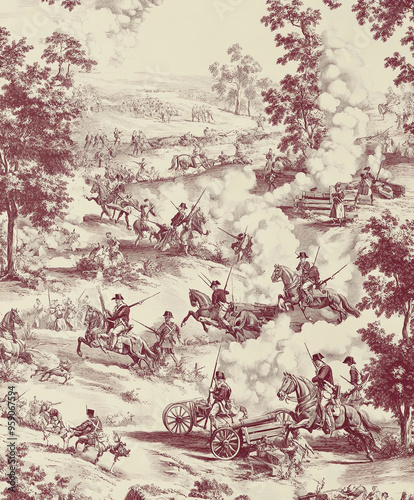 Historical battle scene: A Toile pattern depicting a Revolutionary War battlefield, with soldiers in uniform, horses in motion, and cannons firing