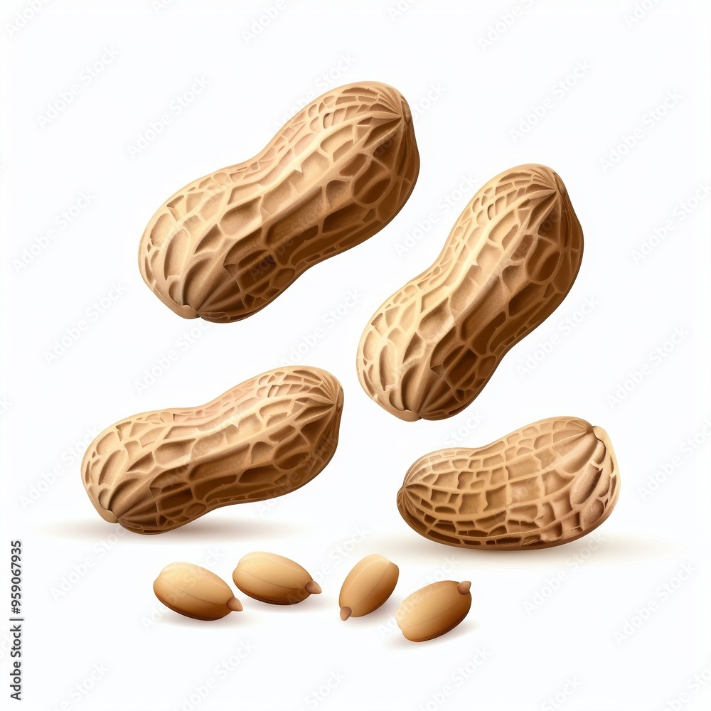 Peanut seeds, snack ingredient element, hand-drawn illustration, bright brown hues, isolated on white background Peanut seeds, snack ingredient element, hand-drawn illustration, bright brown hues, isolated on white background