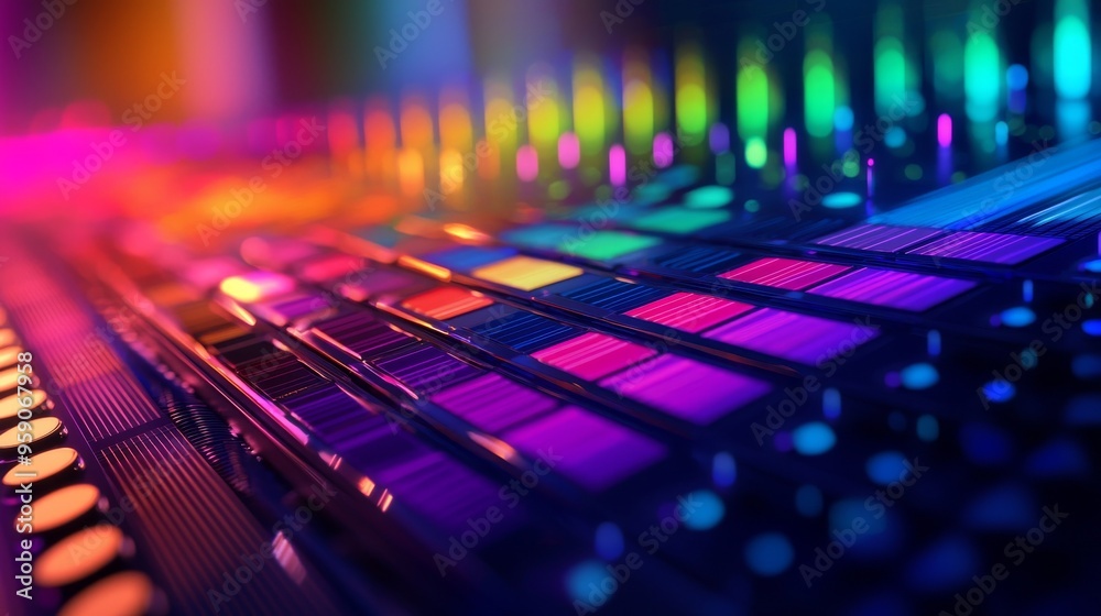 Close-up of colorful buttons on a music mixer console. The neon lights create a vibrant and dynamic atmosphere. Close-up of colorful buttons on a music mixer console. The neon lights create a vibrant and dynamic atmosphere.