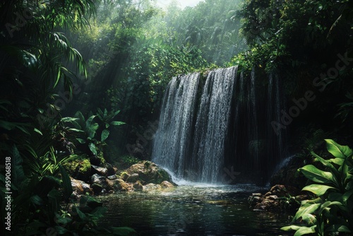 Lush jungle with cascading waterfall and pool.